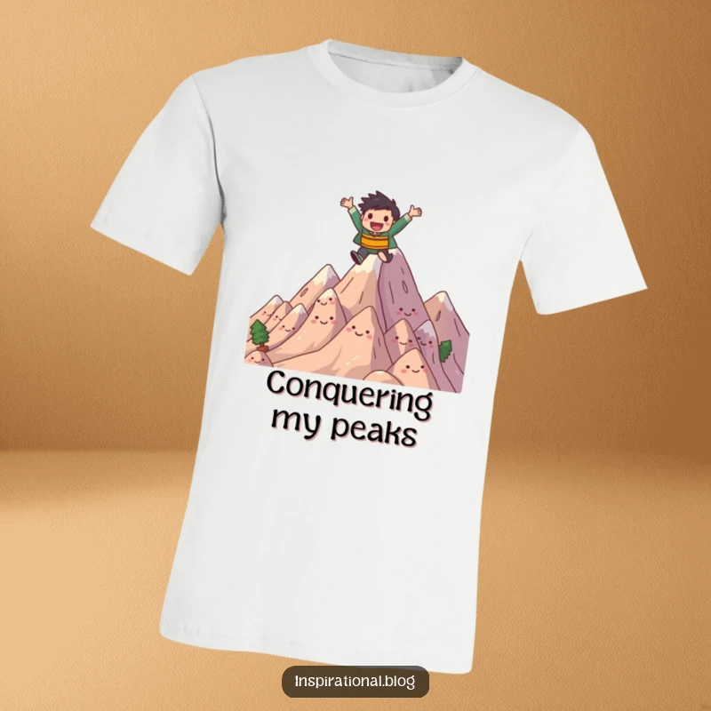 Funny t-shirt graphic of a joyful character mid-leap over a series of smiling, stylized mountains. Energetic and fun.