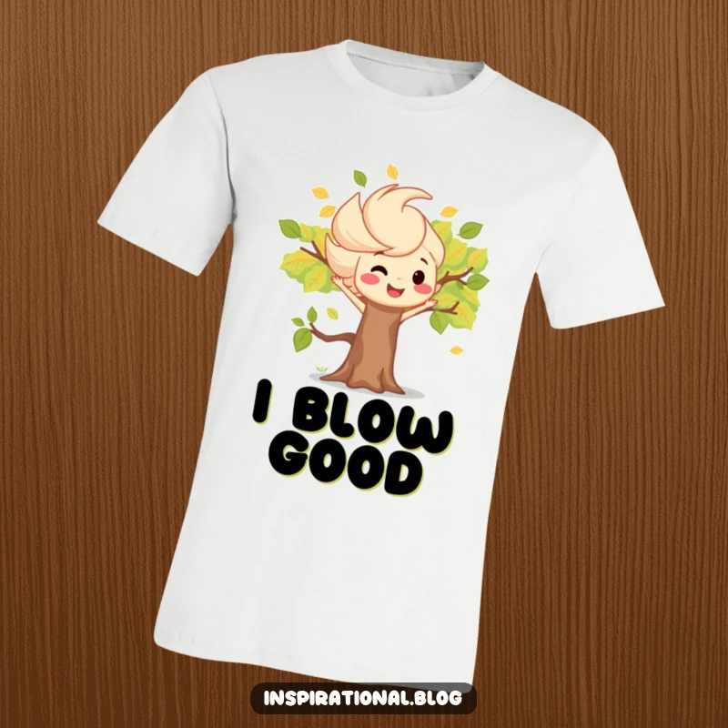 Funny t-shirt showing a cheerful wind gust character playfully pushing red and yellow leaves around a smiling tree.