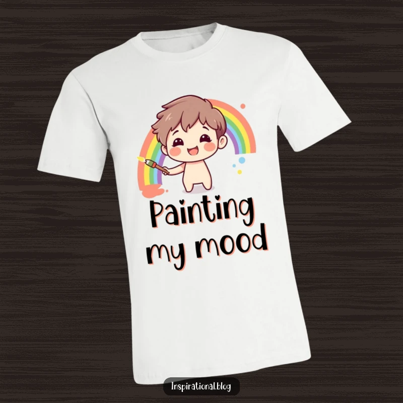 Funny smiling character painting a rainbow on a canvas, featured on a t-shirt celebrating art and happiness.
