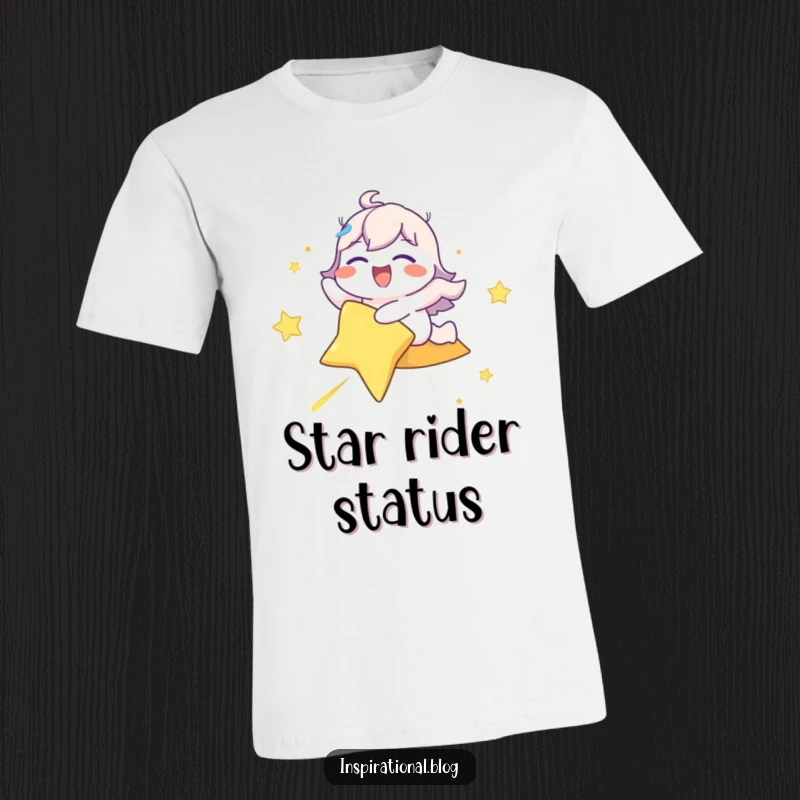 Funny T-shirt featuring a happy character riding a shooting star with eyes closed, radiating pure delight and adventure.
