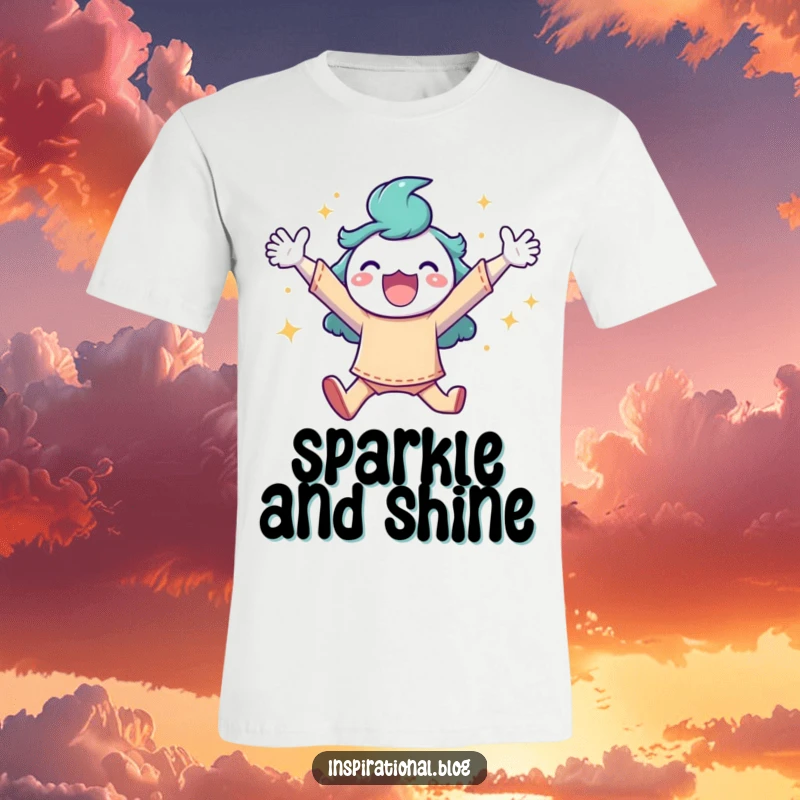 Funny T-shirt depicting a character mid-air, arms outstretched in a joyful leap, surrounded by sparkling magic.