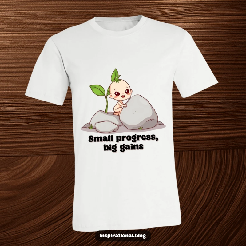 Funny T-Shirt: Small sprout character with a determined face, pushing a huge boulder, conveying strength and humor.