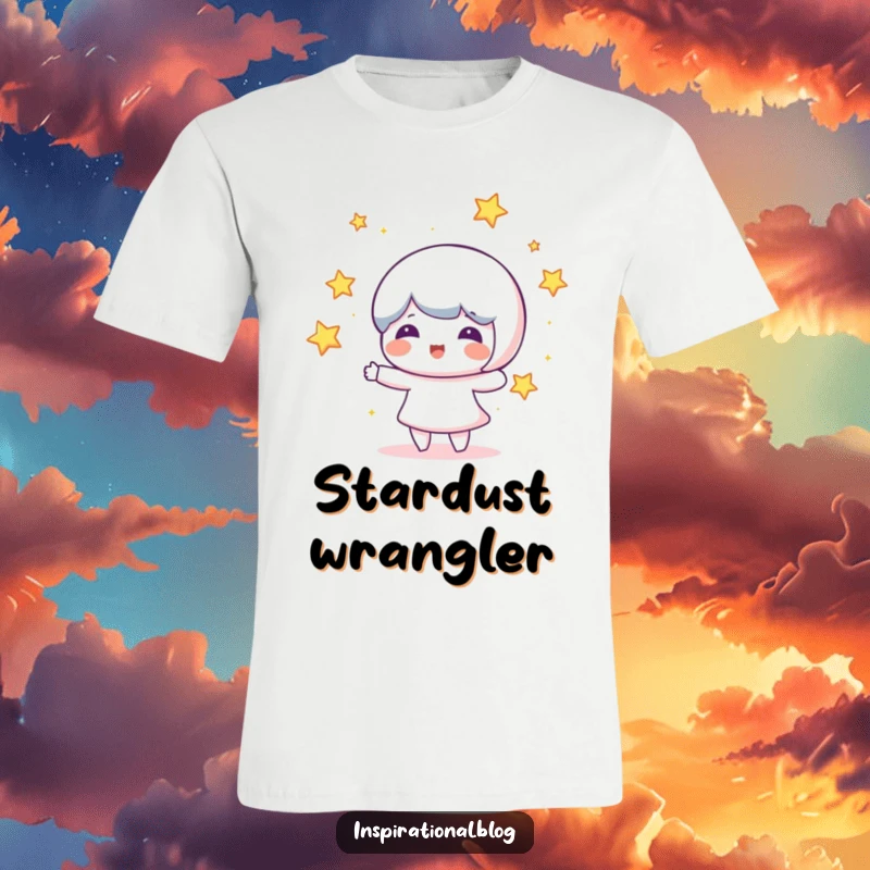 Funny T-shirt with a beaming character skillfully juggling tiny, luminous stars, capturing a moment of pure, cheerful energy.