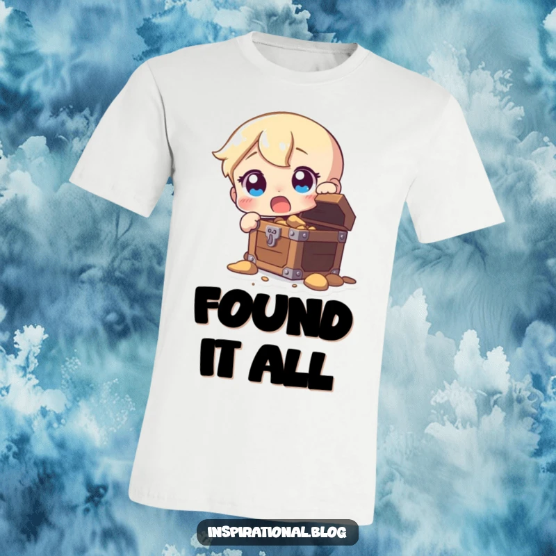 Funny T-shirt showing a character looking astonished at a newly found treasure chest overflowing with gold and jewels.