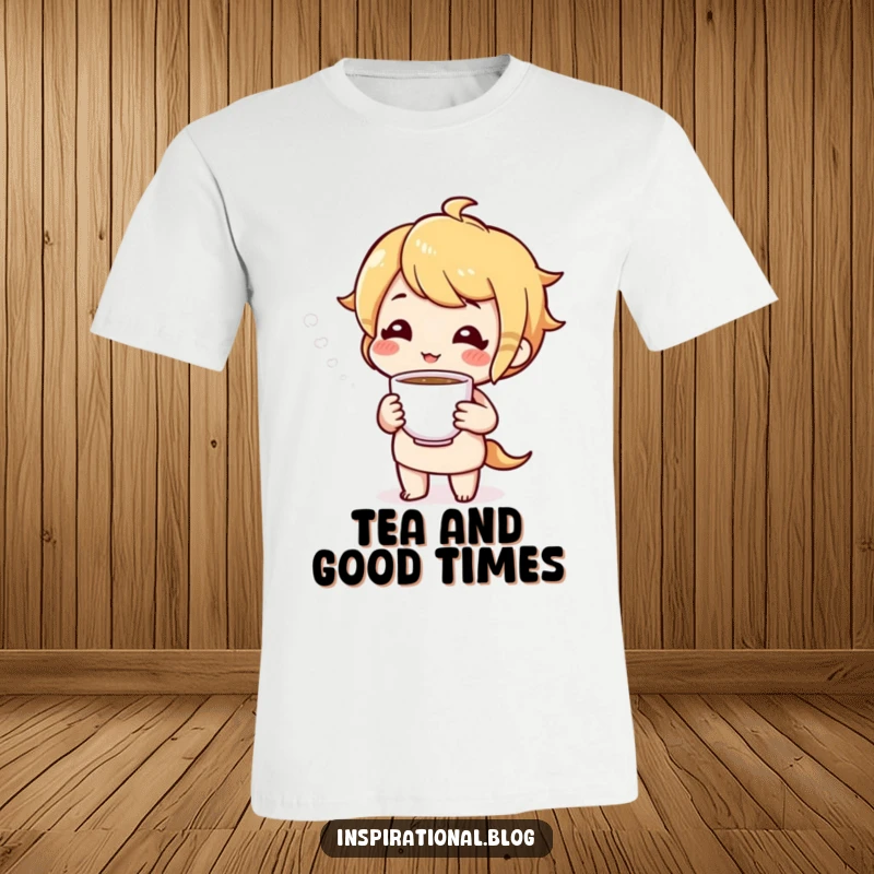 Funny t-shirt featuring a cheerful character offering a warm cup of tea, promoting relaxation and good cheer.