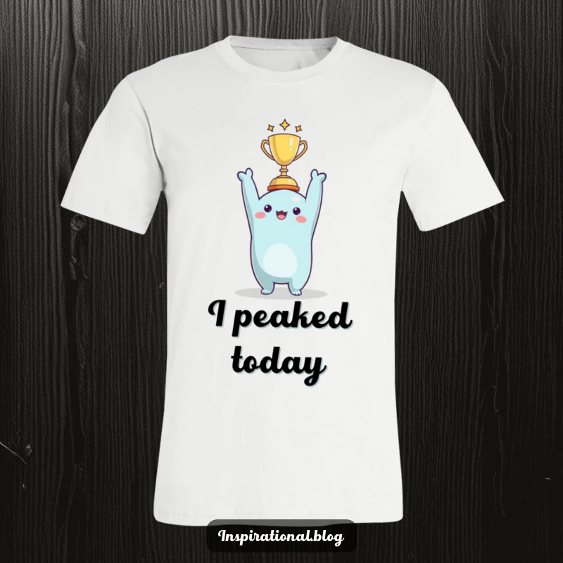 Funny character raising a tiny trophy with glee, depicted on a t-shirt symbolizing triumphant achievements and humor.