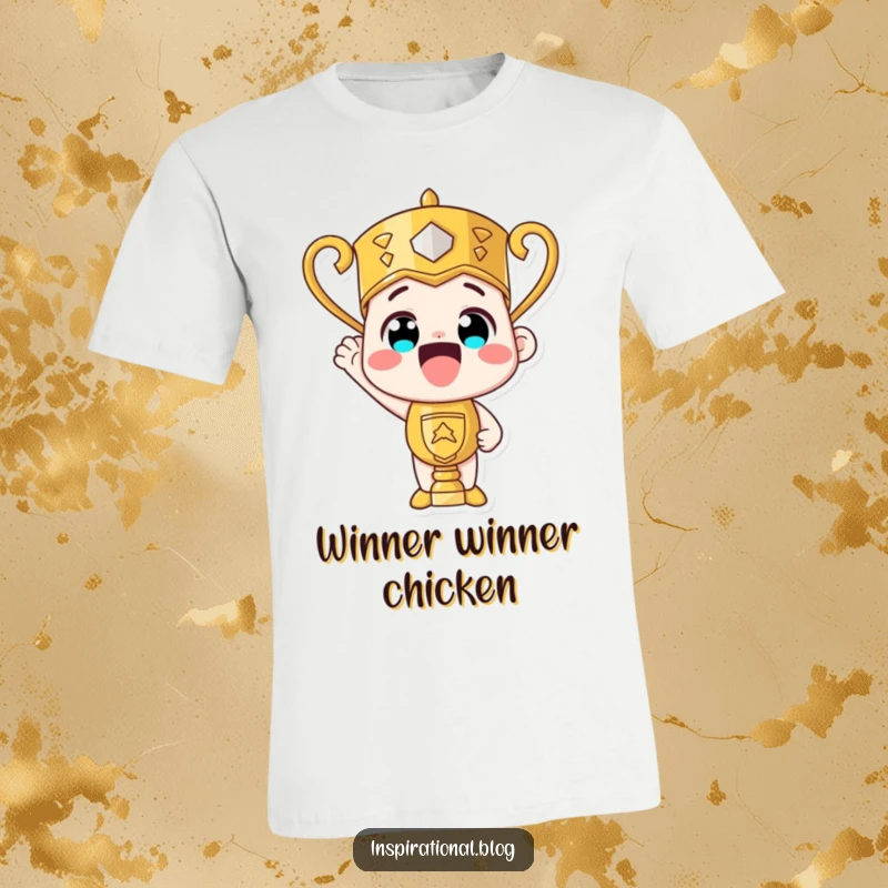 Funny trophy character beaming with pride, a humorous t-shirt showcasing accomplishment and victory.
