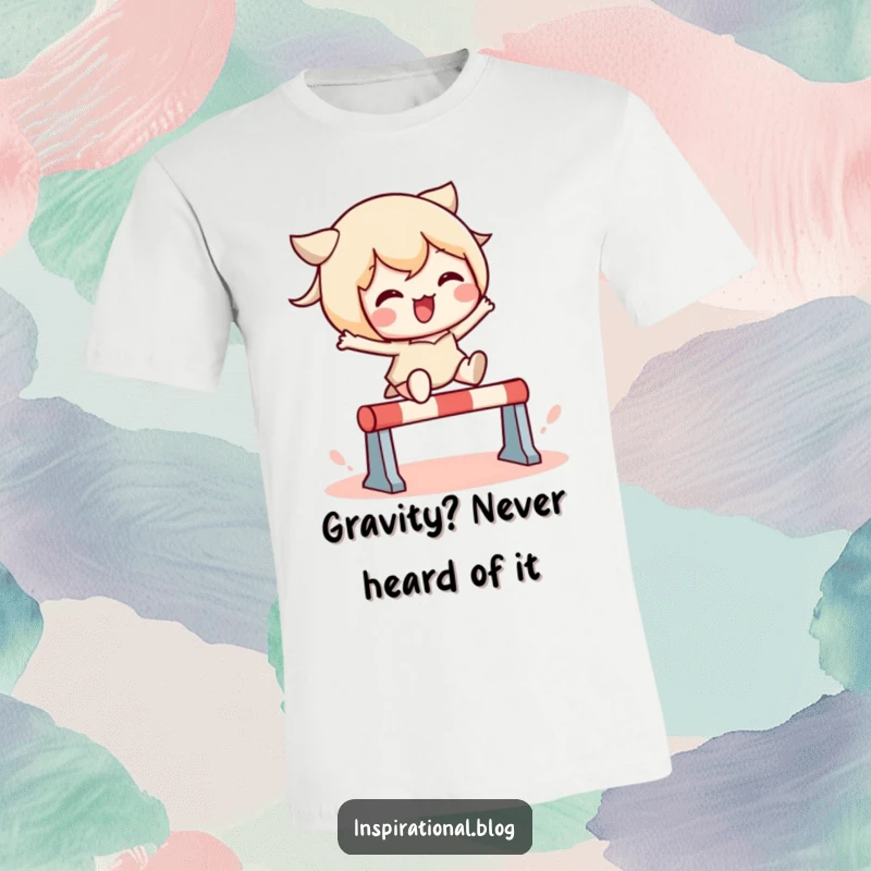 Funny t-shirt with a lively kawaii character energetically clearing a small obstacle, radiating positivity and comic determination.