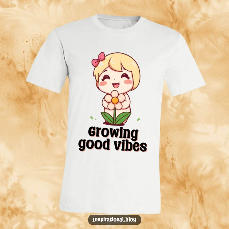 Funny t-shirt with a cheerful character planting a smiling flower, embodying growth and positive vibes.