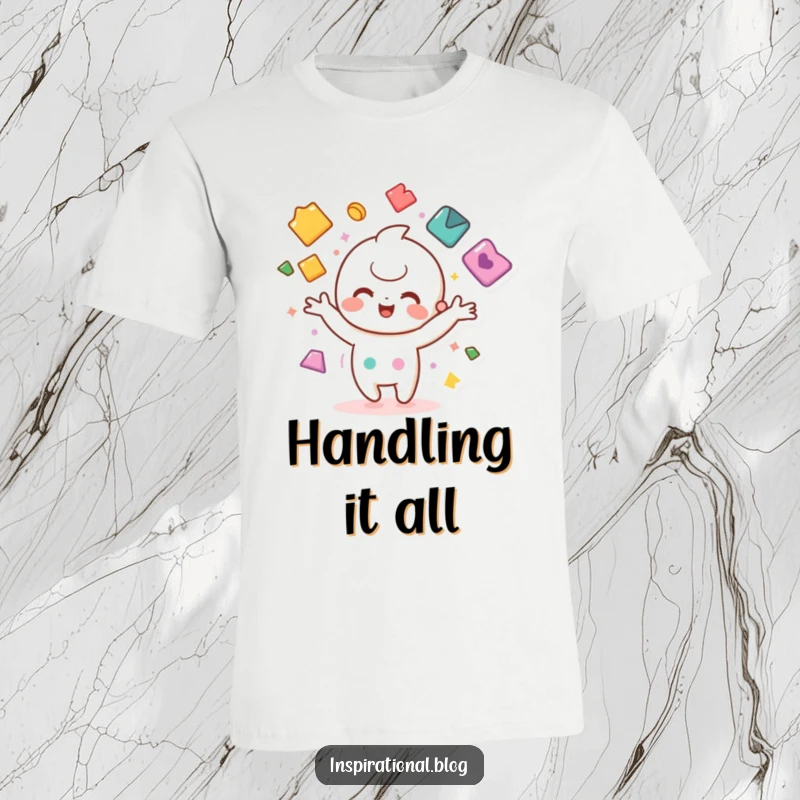 Funny t-shirt featuring a kawaii character joyfully juggling bright, colorful shapes, embodying playful skill and fun.