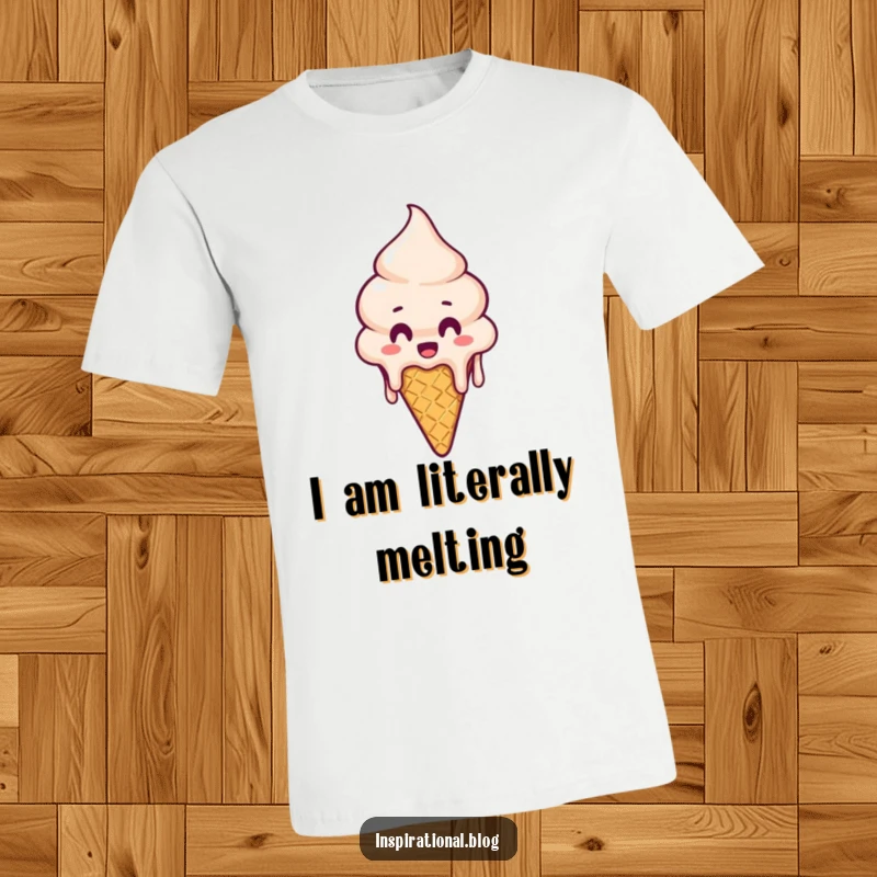 Funny T-Shirt: A melting ice cream cone character with a surprised face, dripping, illustrating fun and humor.