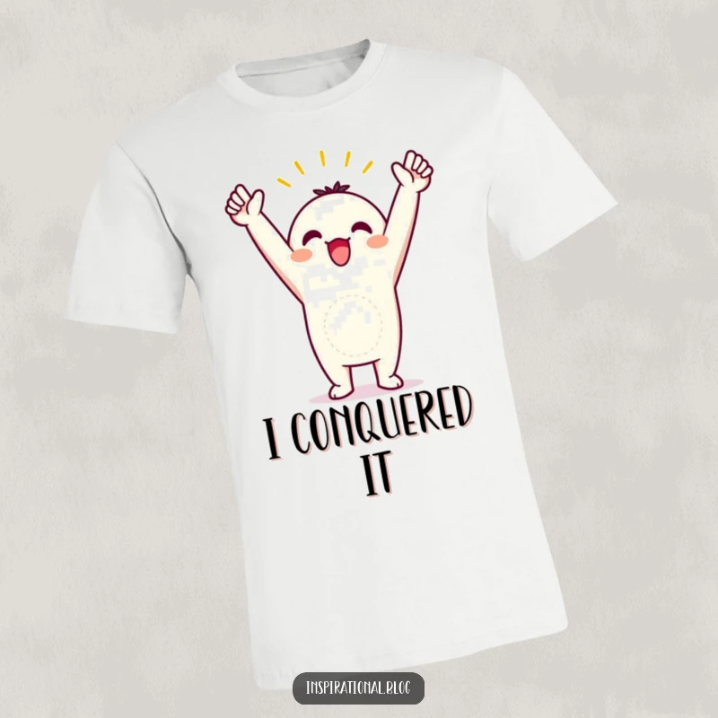 Funny t-shirt featuring a kawaii character in a triumphant pose, arms raised high in celebration of a win.
