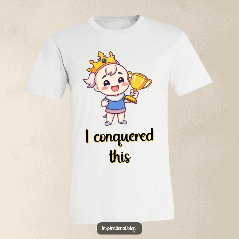 Funny t-shirt featuring a proud character holding a trophy aloft, symbolizing accomplishment, success, and victory with a joyful expression.