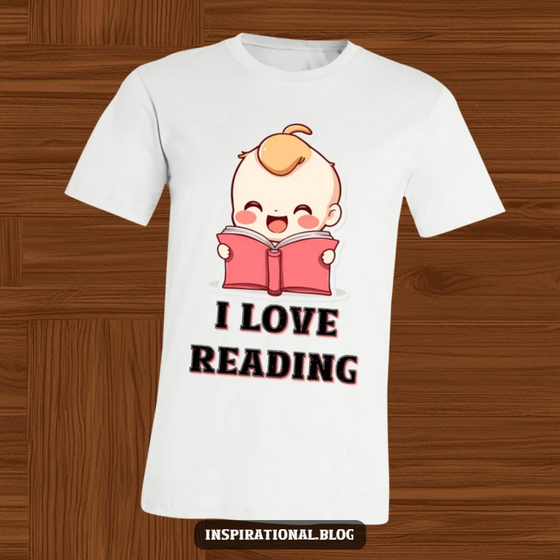 Funny t-shirt displaying a happy book character with its pages fluttering wide open, conveying eager anticipation.