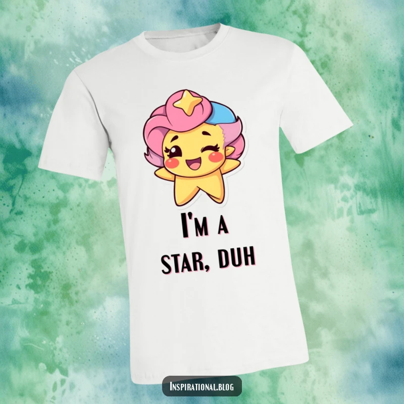 Funny Star Character winking with a proud smile on a t-shirt, a celestial being expressing confidence and playful charm.