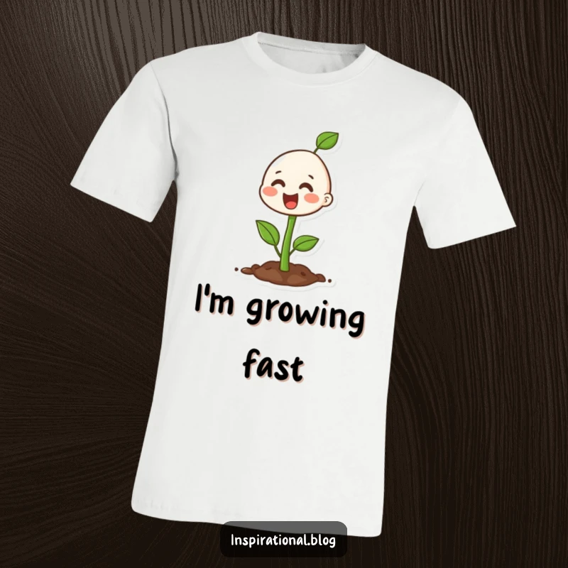 Funny happy seedling character energetically bursting with growth on a t-shirt, representing vitality and optimism.