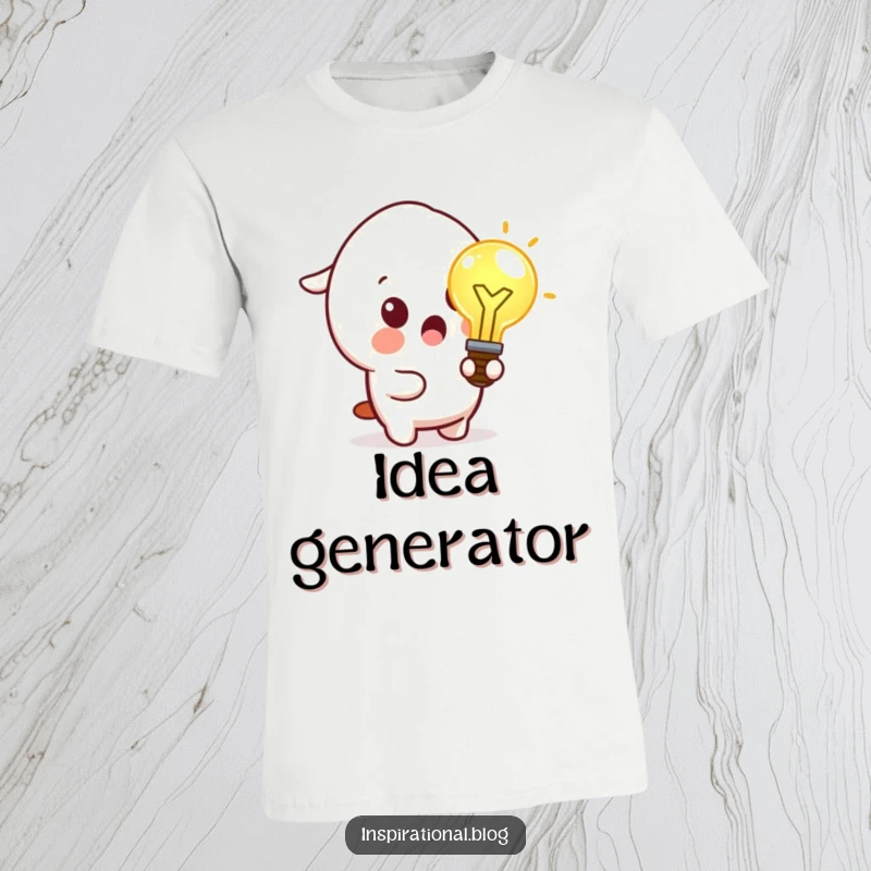 Funny t-shirt featuring a surprised kawaii character holding a glowing lightbulb, representing a sudden, brilliant idea.