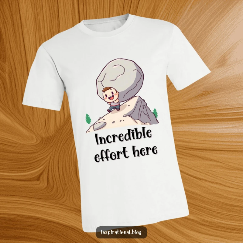 Funny t-shirt with a determined character cheerfully pushing a giant boulder uphill, symbolizing strength and a humorous outlook.