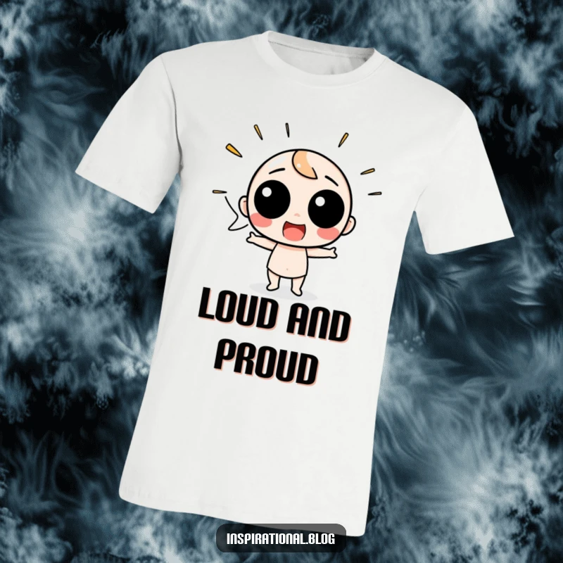 Funny T-Shirt with a speech bubble character shouting with excitement, conveying energetic joy and enthusiasm.