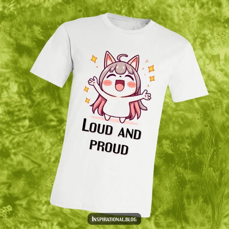 Funny t-shirt featuring a kawaii character cheering loudly, surrounded by bright starbursts, embodying pure energetic joy.