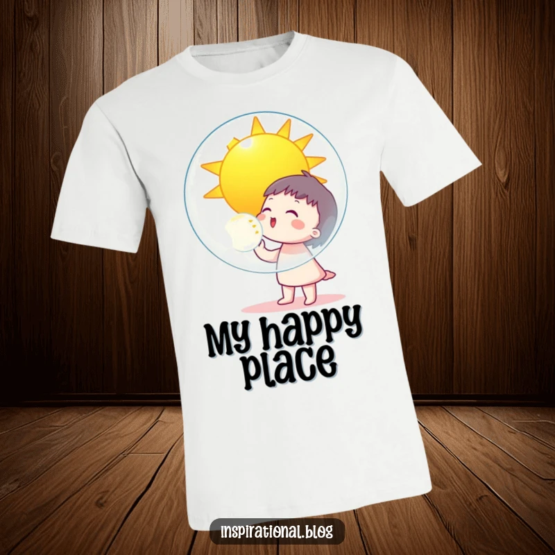 Funny character blowing a giant bubble reflecting a smiling sun, featured on a t-shirt exuding optimism and humor.