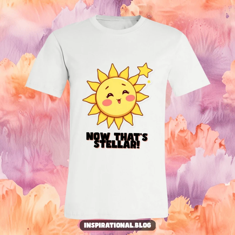 Funny sun t-shirt, bright sun character with rosy cheeks surprised by a shooting star, whimsical celestial art.
