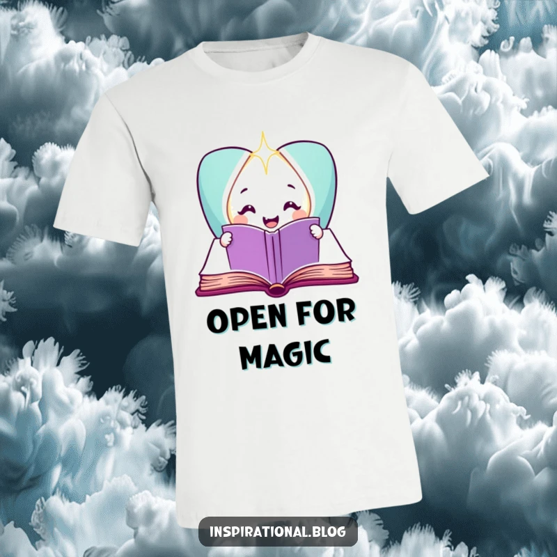 Funny smiling book character opening to reveal a glowing light on a t-shirt, representing knowledge and imagination.