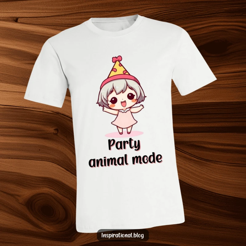 Funny t-shirt featuring a tiny character doing a silly dance in a tiny, festive hat.