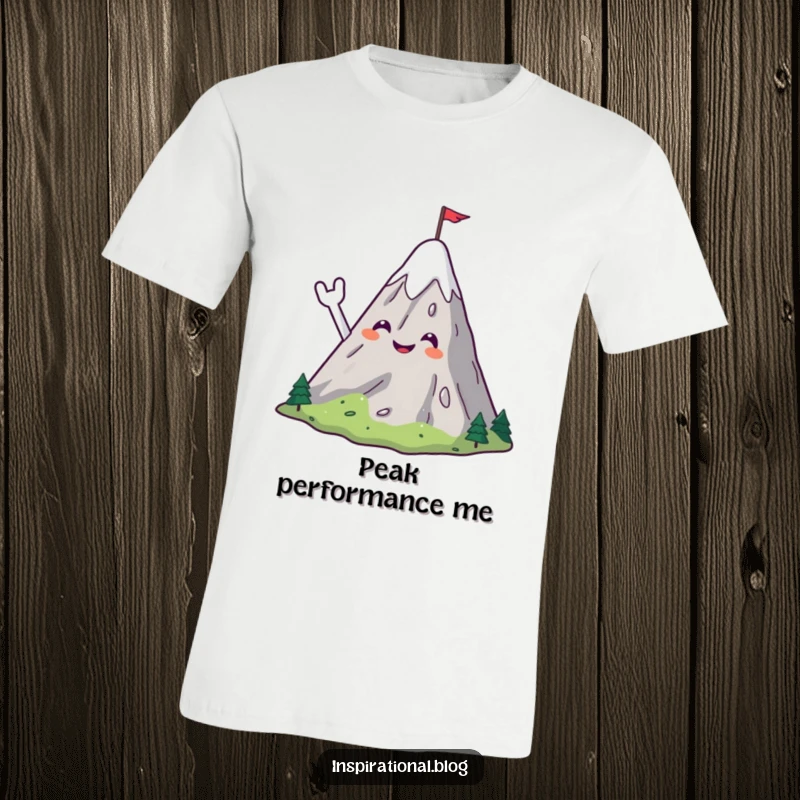 Funny t-shirt showcasing a smiling mountain character cheerfully waving hello with a small flag on its summit.