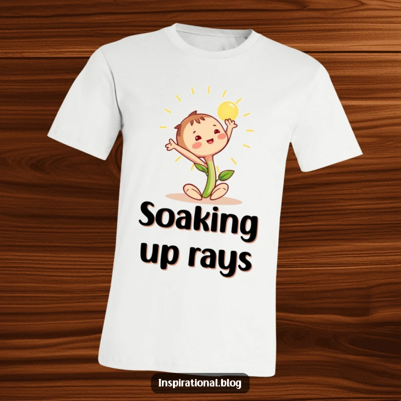 Funny happy seedling character stretching its arms and leaves towards a radiant sun, a symbol of aspiration on a t-shirt.