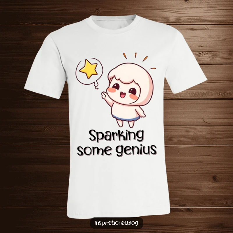 Funny t-shirt graphic of a cute character pointing with excitement at a brightly bursting star, thought bubble included.