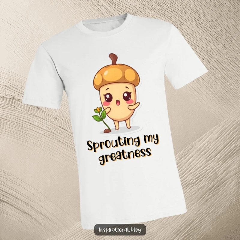 Funny T-shirt with a surprised acorn character sprouting a happy little sprout, representing growth and joy.