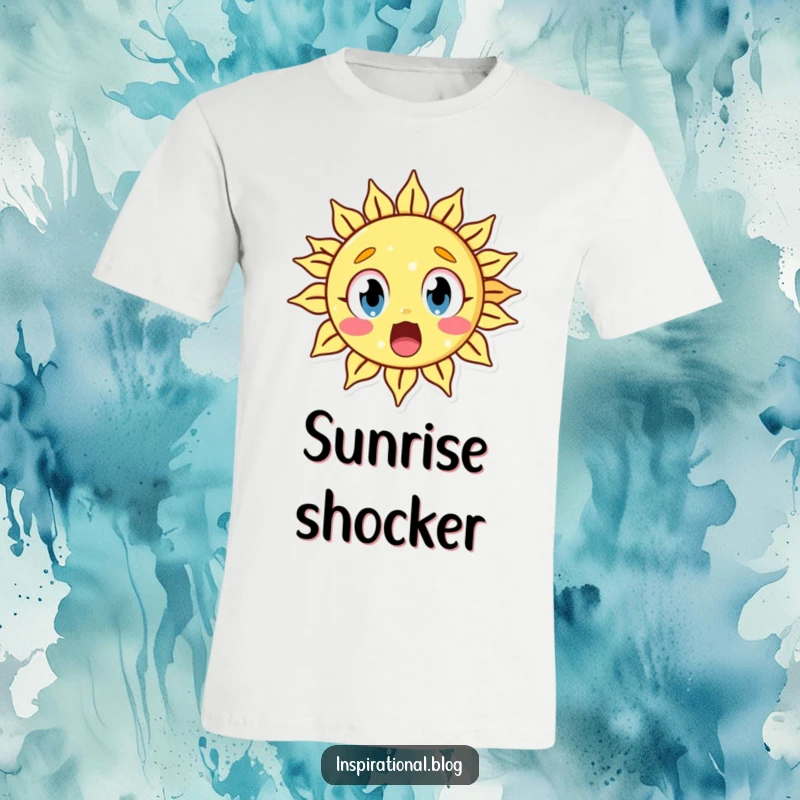Funny T-shirt with a surprised sun character, wide eyes conveying comical shock and playful astonishment.