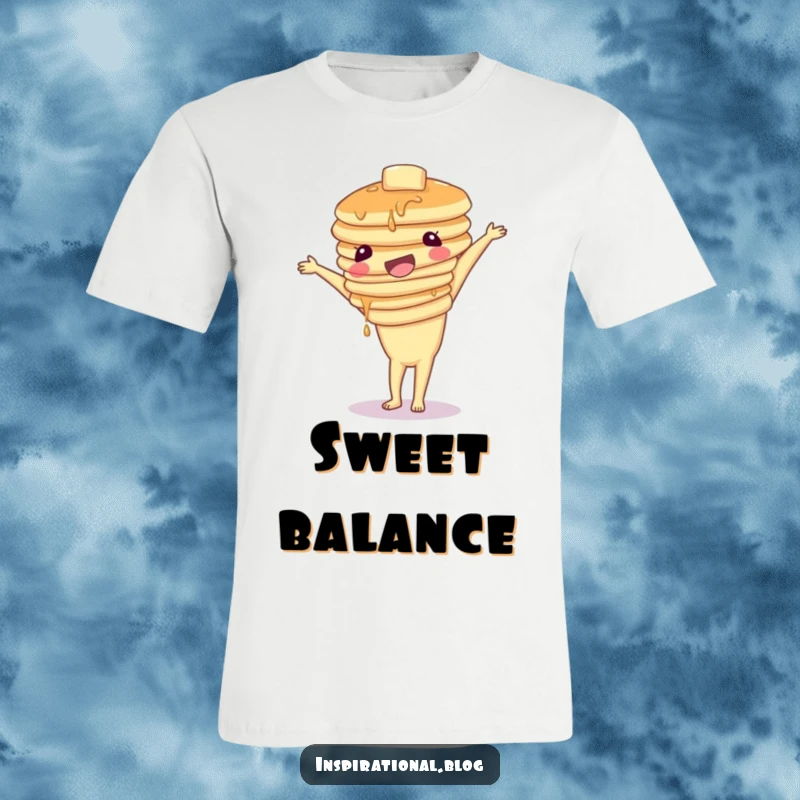 Funny t-shirt depicting a stack of pancakes attempting a handstand, perfect for those who appreciate breakfast, humor, and effort.