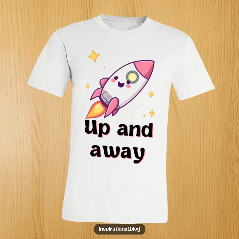 Funny happy rocket ship character rocketing into the sky on a t-shirt, conveying excitement and ambition.