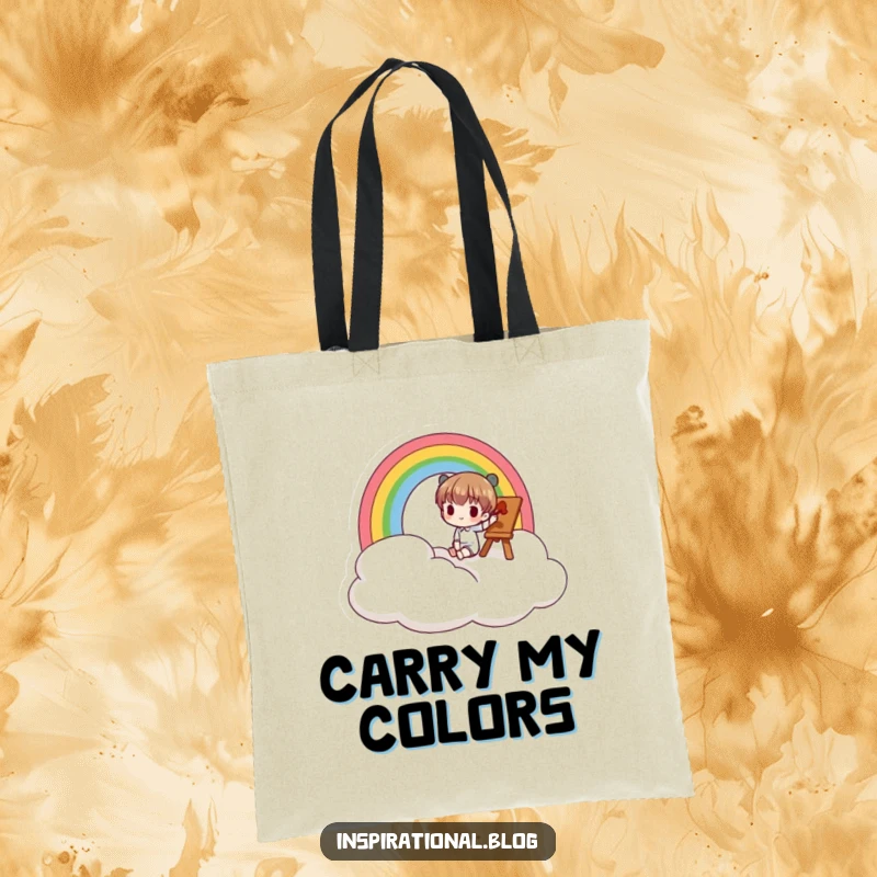 Funny tote bag featuring a small character painting a rainbow on a cloud, ideal for carrying art supplies.
