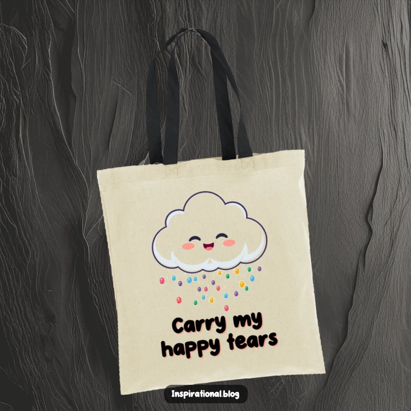 Funny tote bag showcasing a cheerful rain cloud character giggling and sprinkling vibrant, colorful drops, perfect for market trips.
