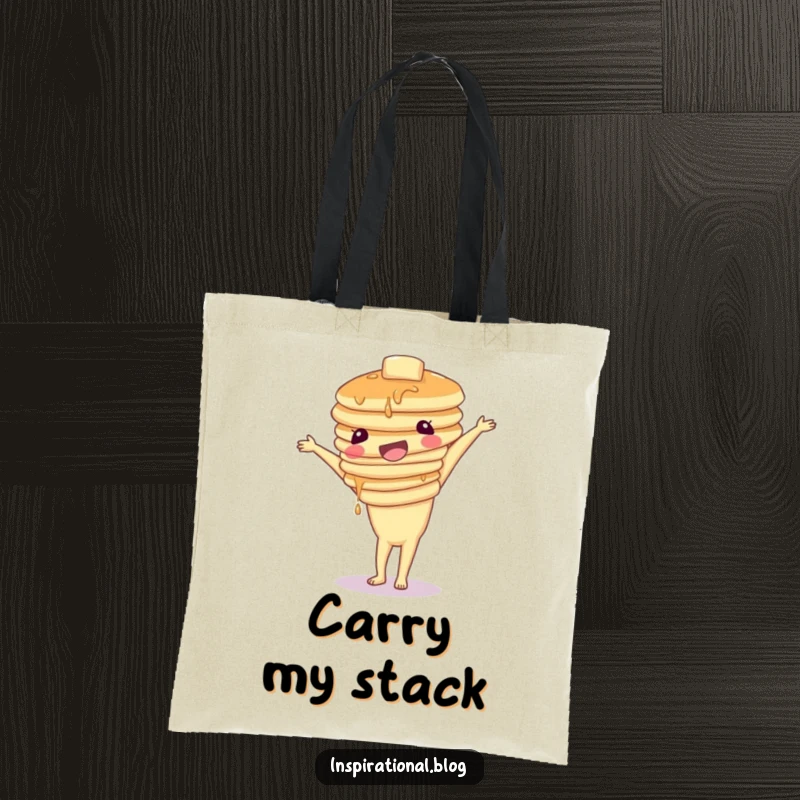 Funny tote bag depicting a wobbly stack of pancakes attempting a handstand, perfect for carrying items with a humorous breakfast theme.