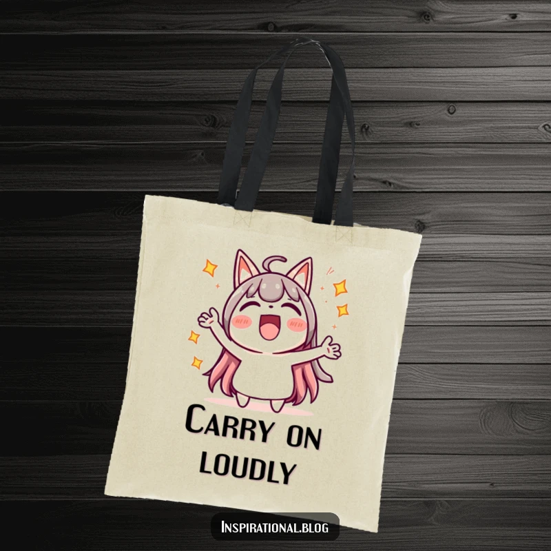 Funny tote bag featuring a cheerful kawaii character cheering loudly, surrounded by energetic starbursts, for stylish carrying.