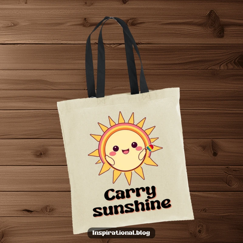 Funny tote bag with a kawaii character painting a wide rainbow smile onto a happy, smiling sun illustration.