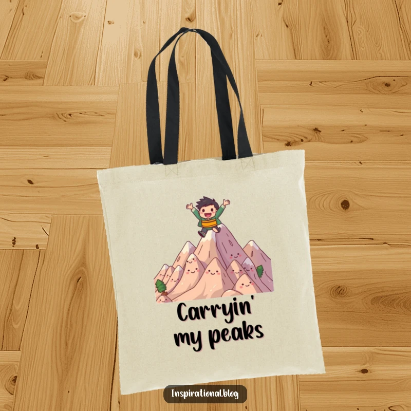 Funny tote bag with a joyful character leaping over smiling, stylized mountains. Great for adventurers and nature lovers.
