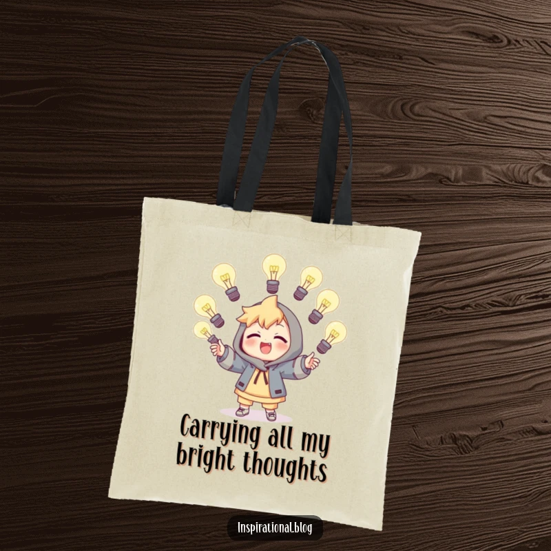 Funny tote bag showcasing a character adeptly juggling several illuminated light bulbs, perfect for carrying ideas and essentials.