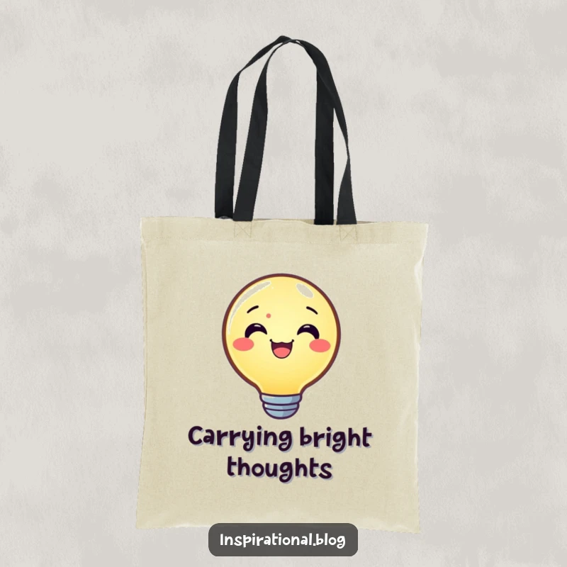 Funny tote bag showcasing a joyful lightbulb character shining brightly, perfect for carrying essentials with a symbol of bright ideas.
