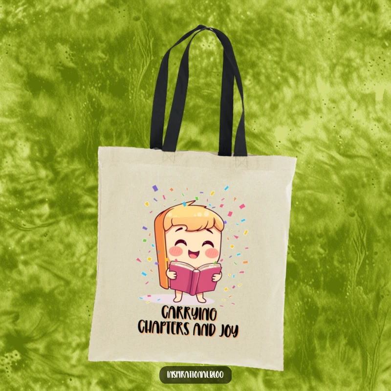 Funny Tote Bag featuring a smiling book character launching colorful confetti, a practical and cheerful accessory for bookworms.
