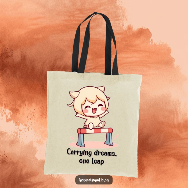 Funny tote bag featuring a cute kawaii character making an impressive leap over a small obstacle, perfect for carrying daily items.
