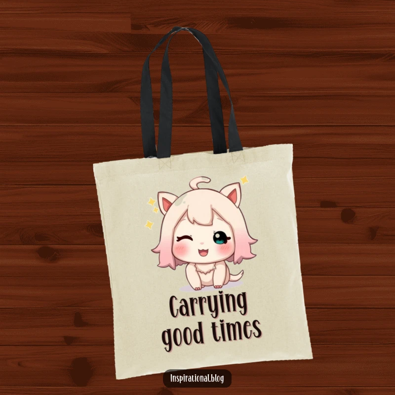 Funny tote bag showcasing a little character giving a playful, sparkly wink and a happy sigh.
