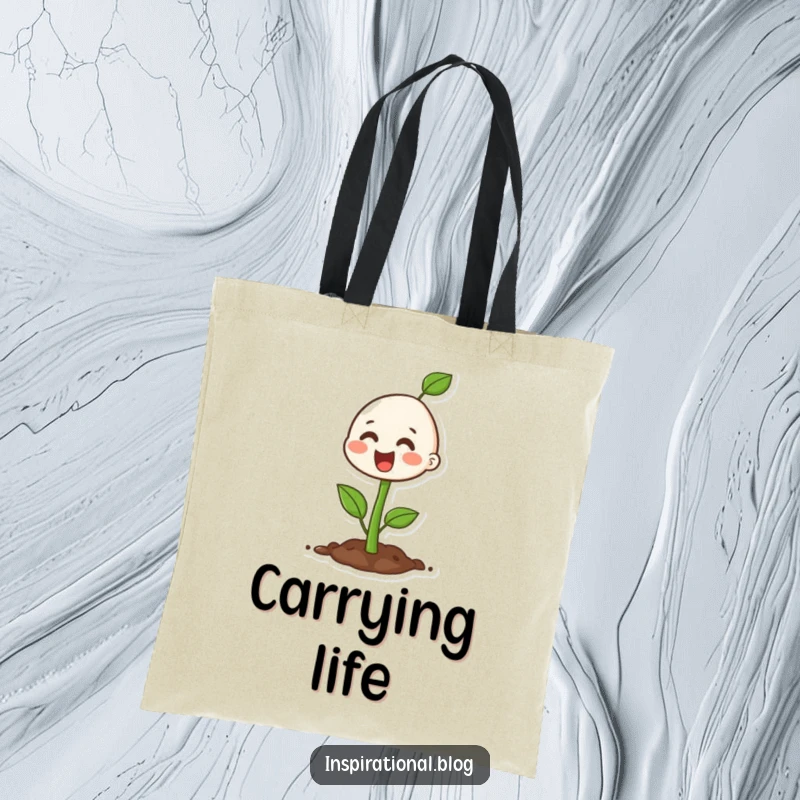 Funny happy seedling character bursting with life on a tote bag, symbolizing potential and carrying capacity.