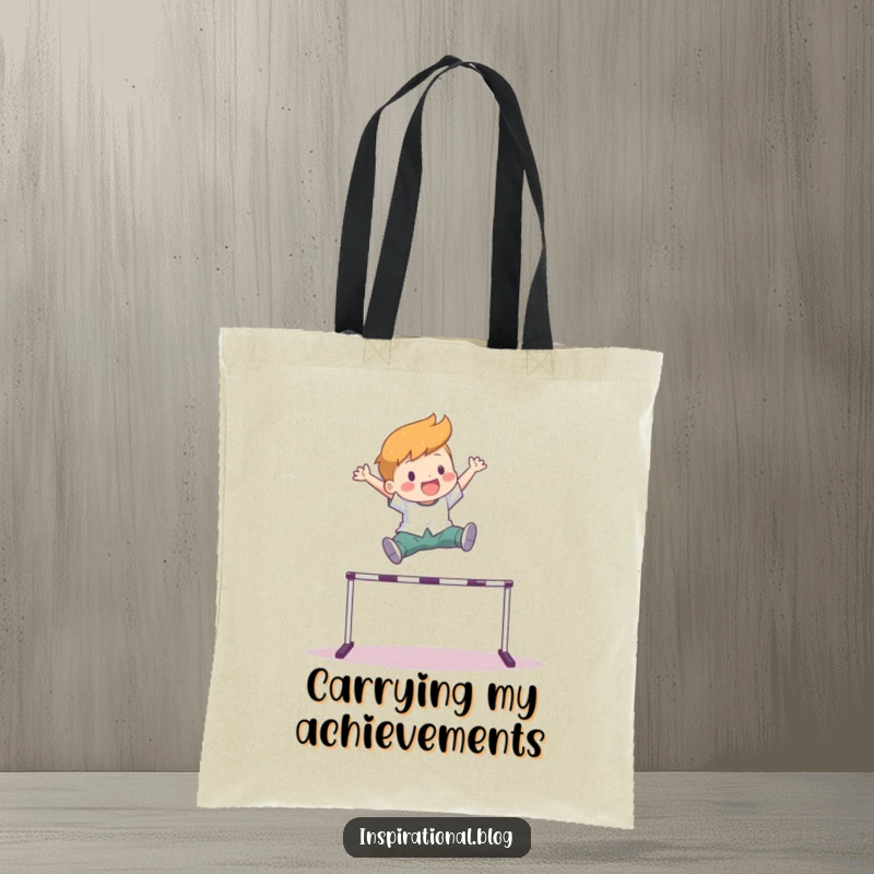Funny tote bag depicting a character soaring over a hurdle with pure joy, perfect for carrying everyday items with a winning attitude.
