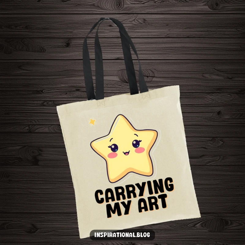 Funny pen tote bag depicting a cheerful pen character drawing a star, perfect for carrying essentials with a touch of artistic flair and humor.