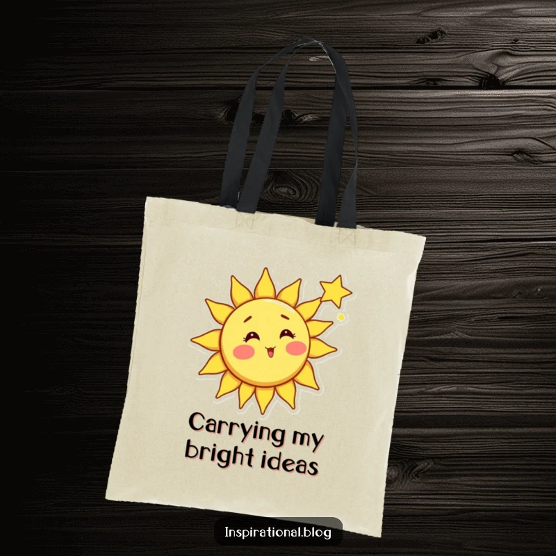 Funny sun tote bag, bright sun character with rosy cheeks surprised by a shooting star, whimsical celestial art, accessory.